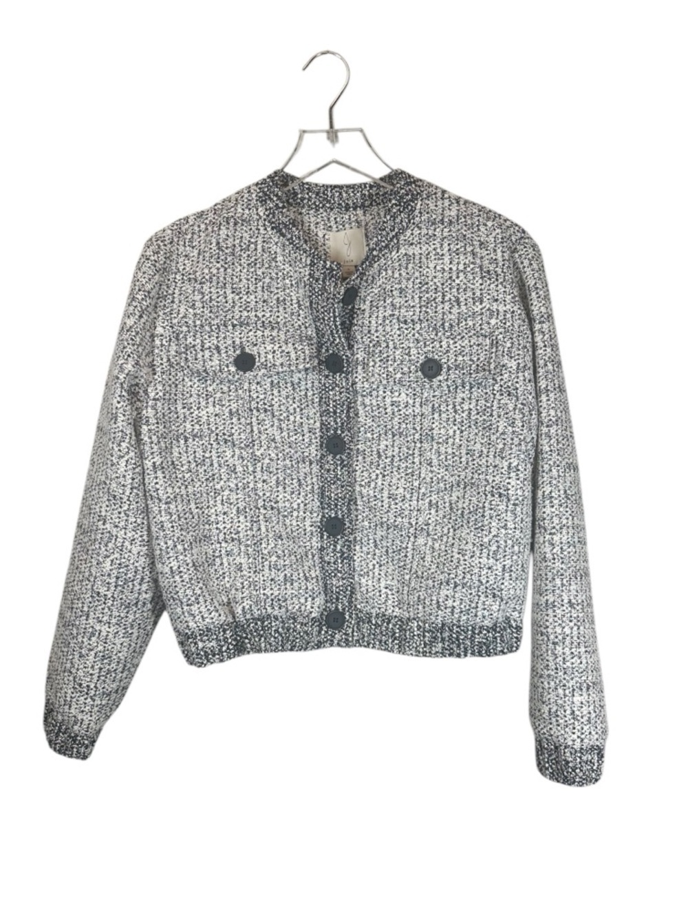 JOIE Women's Small Tweed Cropped Bomber Jacket Navy & White